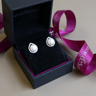 A&s Enchanted Collection Freshwater Pearl And Pear Cubic Zirconia Halo Silver Stud Earrings