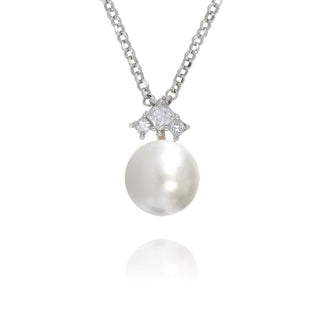 A&s Enchanted Collection Princess Cut Cubic Zirconia And Freshwater Pearl Silver Necklace