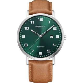 Bering Gents Titanium And Green Watch With A Brown Leather Strap