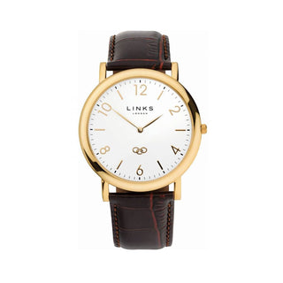 Links Of London Gents Yellow Gold Plated Noble Quartz Watch With A Brown Leather Strap