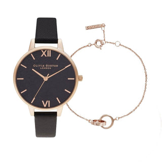 Olivia Burton Rose Gold Plate Watch With A Black Leather Strap And A Rose Gold Plated Interlink Bracelet