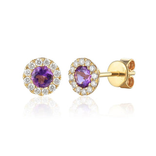 A&s Birthstone Collection 9ct Yellow Gold Amethyst And Diamond February Birthstone Stud Earrings