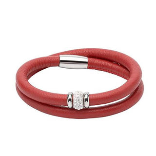 Unique & Co Red Leather Double Bracelet With Cz Bead - 19cm