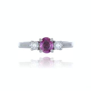 18ct White Gold 0.65ct Oval Cut Pink Sapphire And Diamond 3 Stone Ring