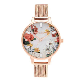 Olivia Burton Rose Gold Plated Mother Of Pearl Floral Mesh Watch