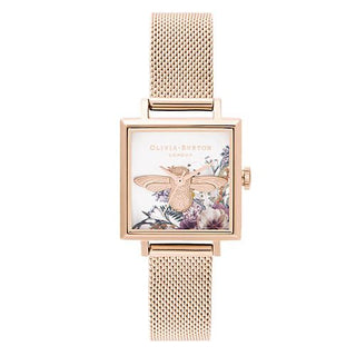Olivia Burton Rose Gold Plated Enchanted Garden Bee Square Mesh Watch