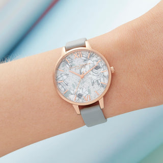 Olivia Burton Rose Gold Plate Terrazzo Watch With A Grey Leather Strap