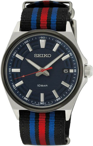 Seiko Gents Blue Quartz Watch With A Black, Blue And Red Nato Strap