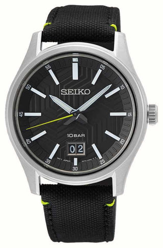 Seiko Gents Black Quartz Watch With A Black Nylon Strap