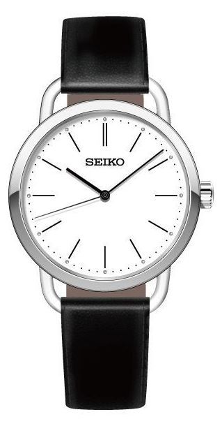 Seiko Ladies Stainless Steel Watch With A Black Leather Strap