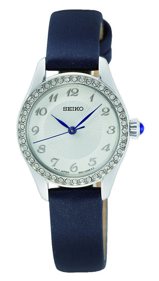 Seiko Ladies Silver Quartz Watch With A Black Leather Strap