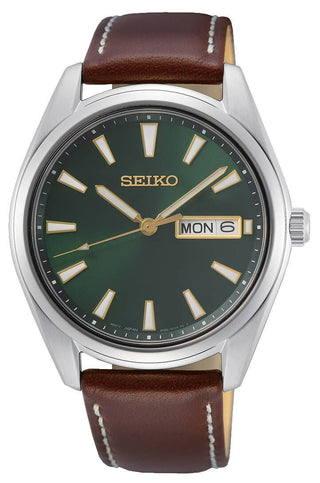 Seiko Gents Green Quartz Watch With A Brown Leather Strap