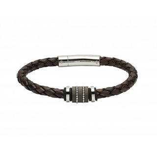 Unique & Co Brown Leather Bracelet With Steel And Carbon Fiber Beads - 21cm