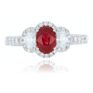 18ct White Gold 0.99ct Ruby And Diamond 3 Stone Cluster Ring With Stone Set Shoulders