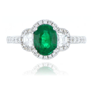 18ct White Gold 1.14ct Emerald And Diamond 3 Stone Ring With Stone Set Shoulders