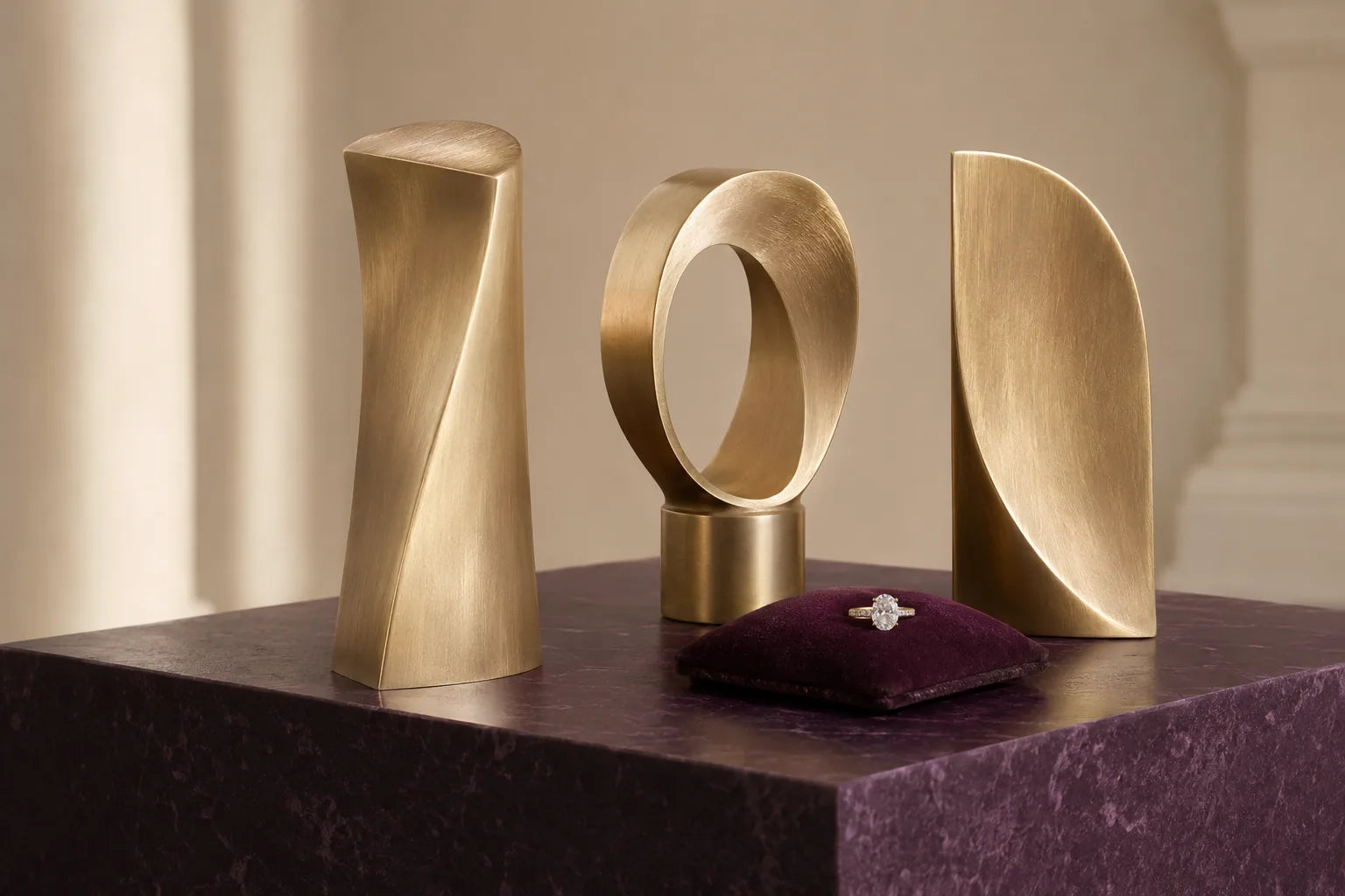 Abstract golden award forms with a fine jewellery ring on plum velvet.