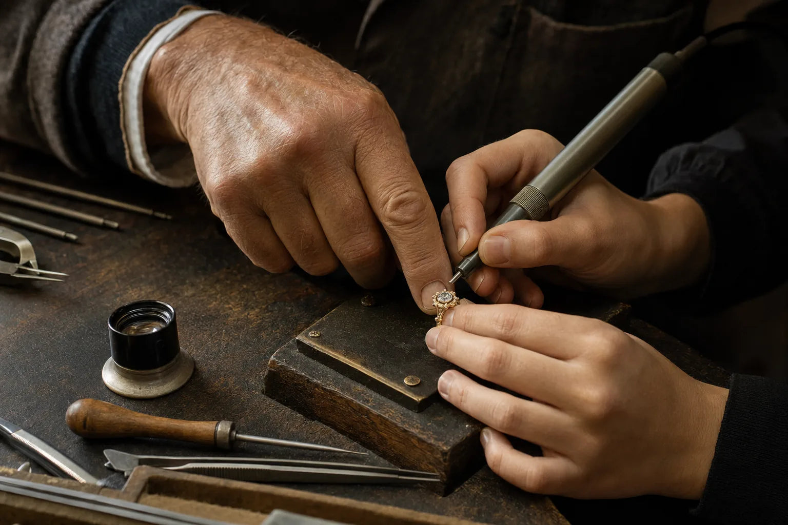 Two generations of jewellers working together at a traditional bench.