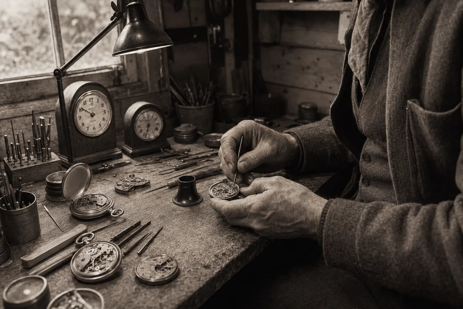 An artist’s interpretation of a watchmaker repairing a pocket watch at a 1940s workbench.